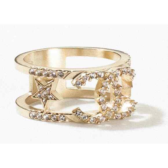 Chanel 22S Gold Crystal Star Interlocking CC Logo Metal Fashion Finger Ring 52 6 - Picture 1 of 12
